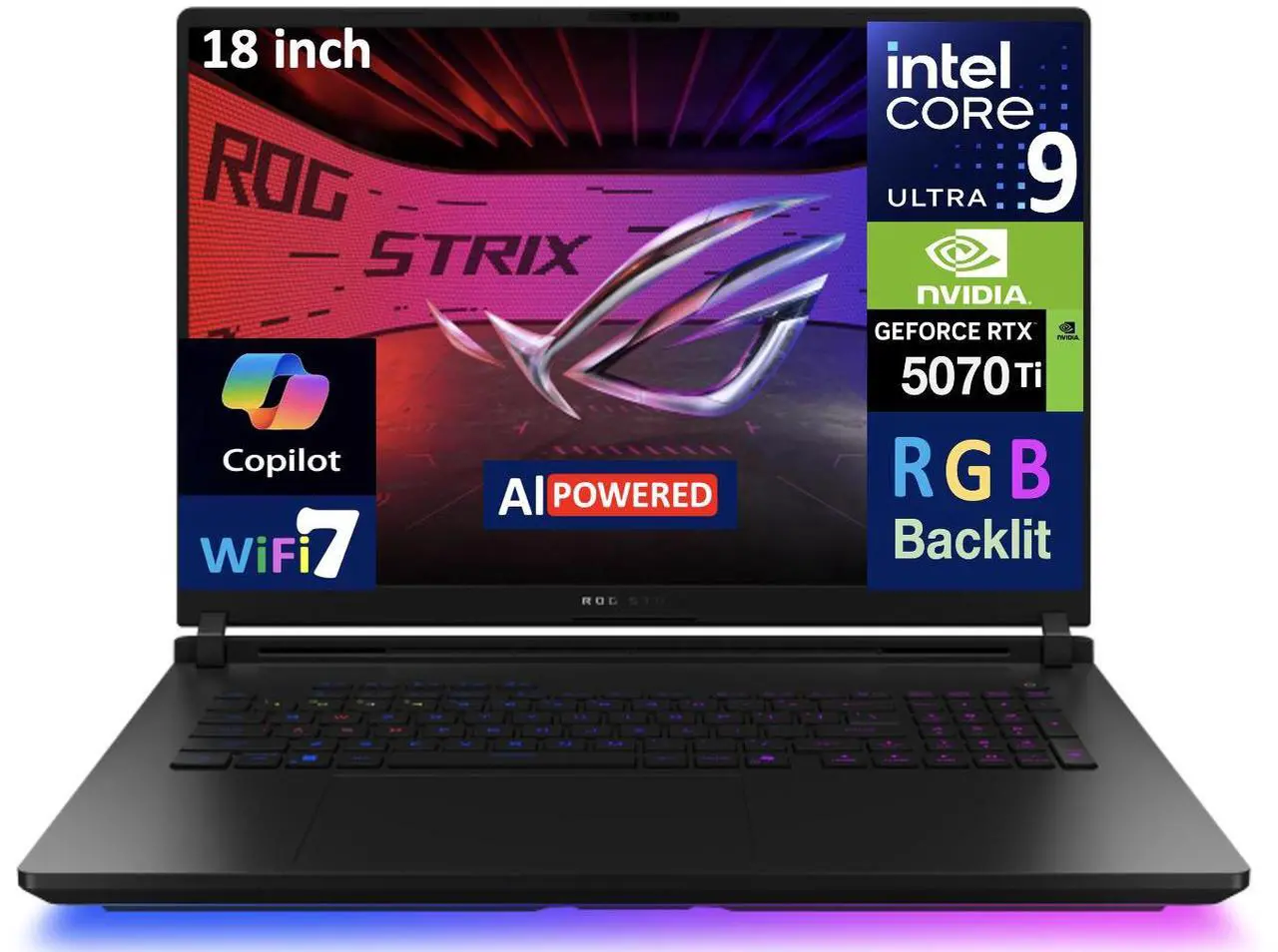Main image of ASUS ROG Strix SCAR AI Gaming Laptop 18" 240Hz Mini LED WQXGA Display (Intel Ultra 9- 275HX, NVIDIA GeForce RTX 5070 Ti 12GB, 32GB DDR5, 1TB SSD, Per Key RGB KB, 2 Thunderbolt 5, WiFi 7, Win 11 Pro)