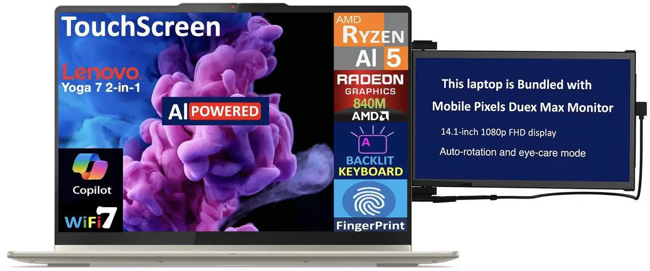 Main image of Lenovo Yoga AI PC 2-in-1 Laptop 16.0" Touchscreen IPS WUXGA Display (AMD Ryzen AI 5 340, 16GB LPDDR5X, 512GB SSD, Backlit KB, Fingerprint, WiFi 7, Webcam, Win 11 Home) w/Duex Max DS Monitor