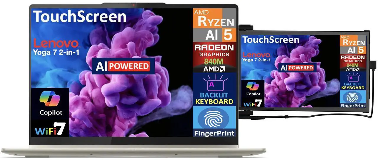 Alt view image 3 of 7 - Lenovo Yoga AI PC 2-in-1 Laptop 16.0" Touchscreen IPS WUXGA Display (AMD Ryzen AI 5 340, 16GB LPDDR5X, 512GB SSD, Backlit KB, Fingerprint, WiFi 7, Webcam, Win 11 Home) w/Duex Max DS Monitor