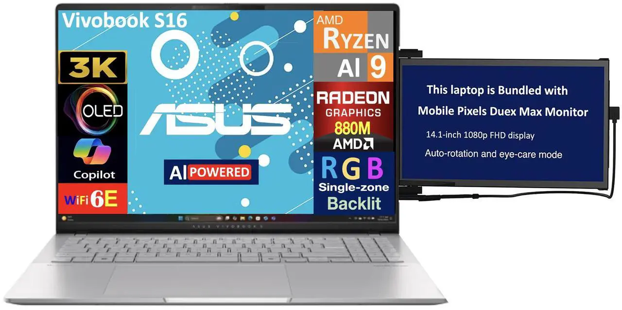 Main image of ASUS Vivobook S16 AI Powered Laptop 16.0" OLED 3.2K Display (AMD Ryzen AI 9 365, 32GB LPDDR5X, 1TB SSD, AMD Radeon 880M, RGB KB, WiFi 6E, Webcam, Bluetooth 5.4, Win 11 Home) w/Duex Max DS Monitor