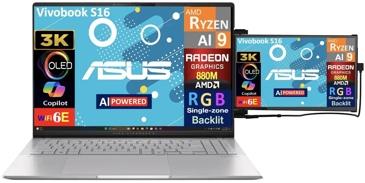 Alt view image 3 of 7 - ASUS Vivobook S16 AI Powered Laptop 16.0" OLED 3.2K Display (AMD Ryzen AI 9 365, 32GB LPDDR5X, 1TB SSD, AMD Radeon 880M, RGB KB, WiFi 6E, Webcam, Bluetooth 5.4, Win 11 Home) w/Duex Max DS Monitor