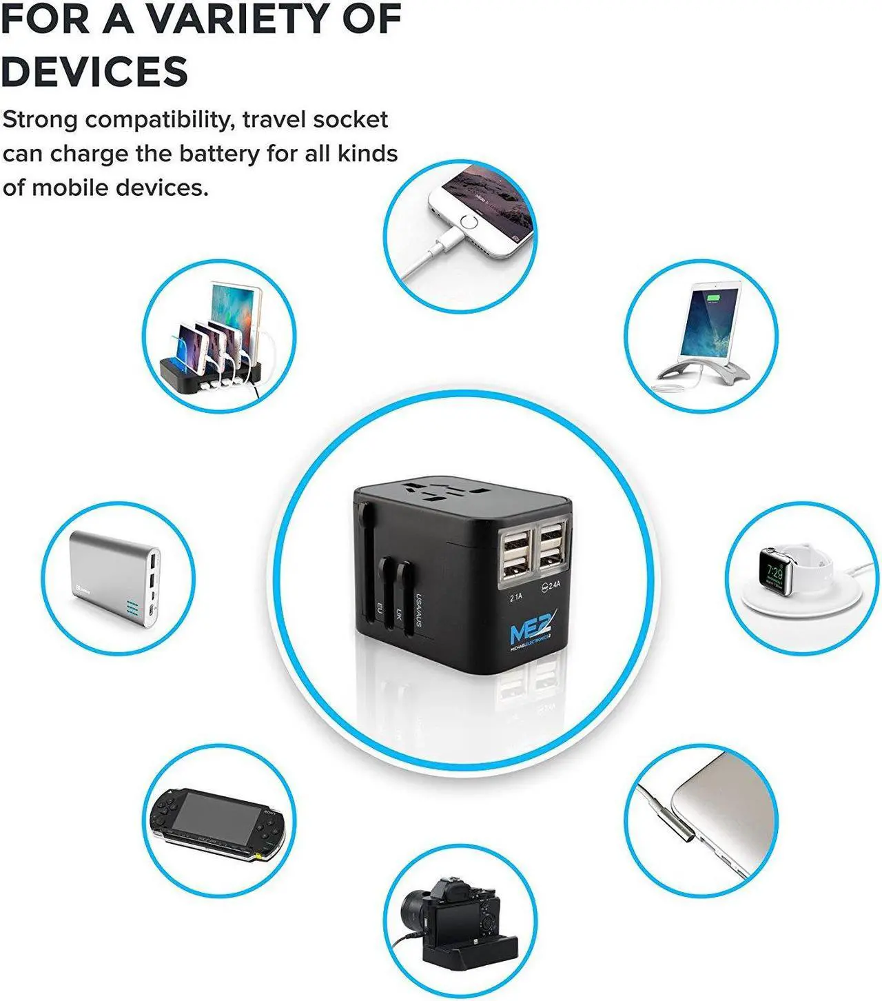 Alt view image 2 of 7 - Worldwide All in One Universal USB charger (4 USB charging ports) with Wall AC Power Plug Travel Adapter for over 150 countries including USA/EU/UK/AUS with black pouch by MichaelElectronics2 (Black)