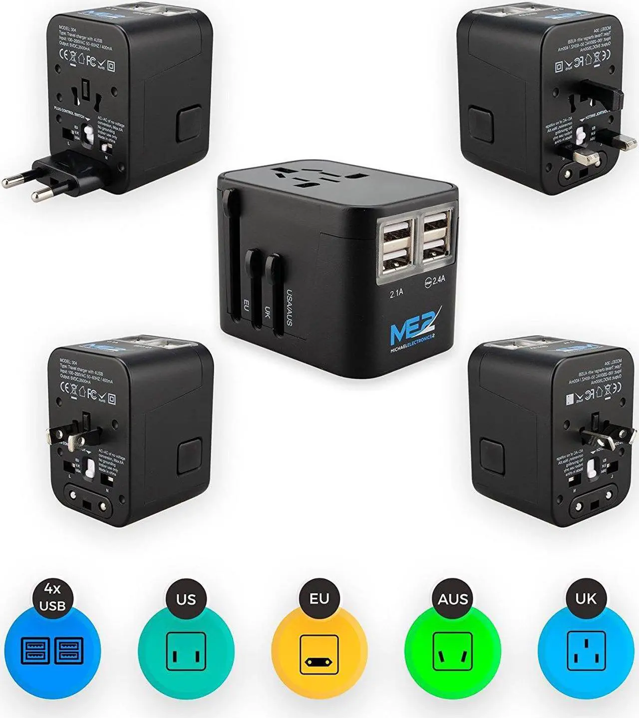 Main image of Worldwide All in One Universal USB charger (4 USB charging ports) with Wall AC Power Plug Travel Adapter for over 150 countries including USA/EU/UK/AUS with black pouch by MichaelElectronics2 (Black)