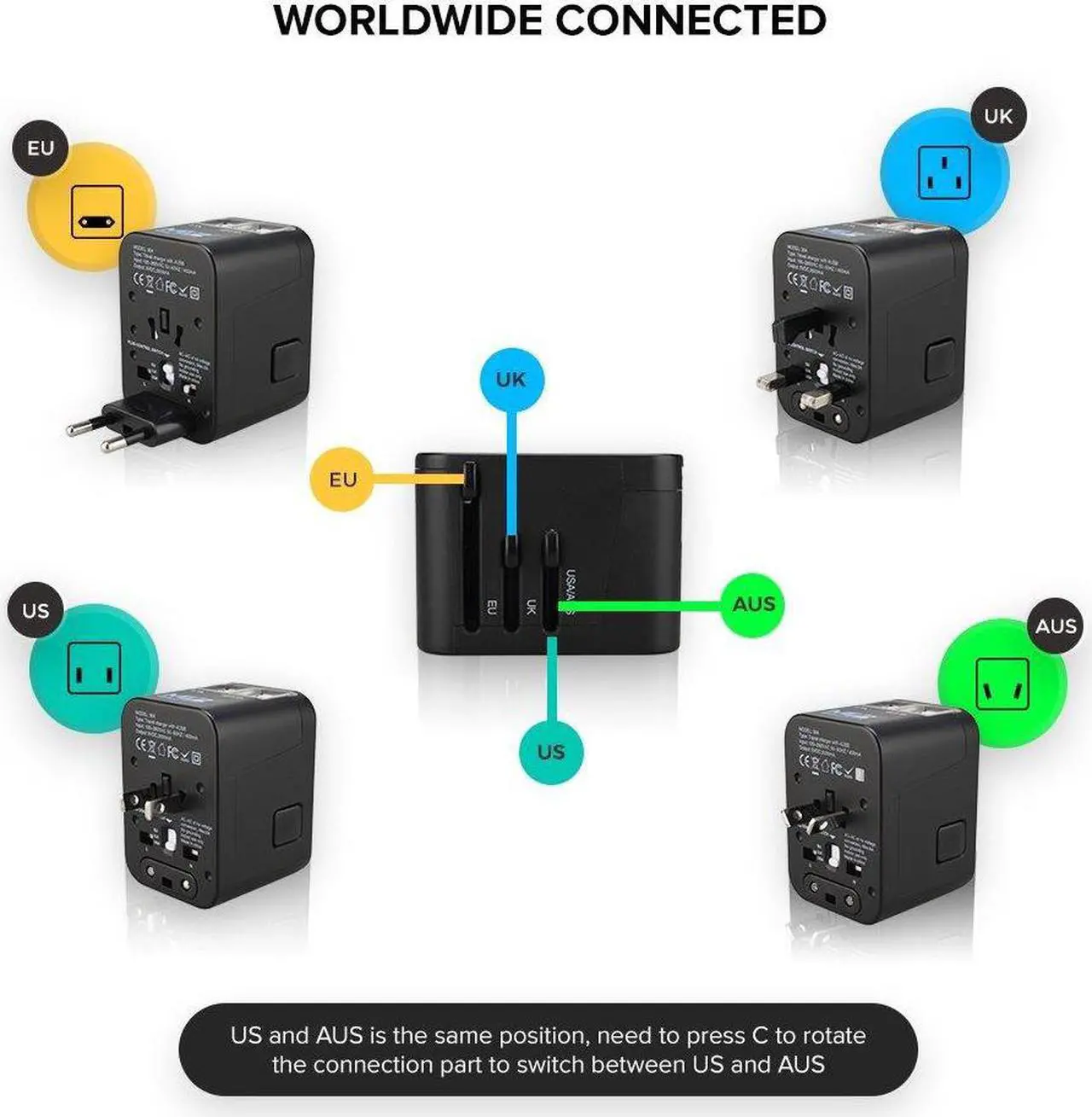 Alt view image 6 of 7 - Worldwide All in One Universal USB charger (4 USB charging ports) with Wall AC Power Plug Travel Adapter for over 150 countries including USA/EU/UK/AUS with black pouch by MichaelElectronics2 (Black)