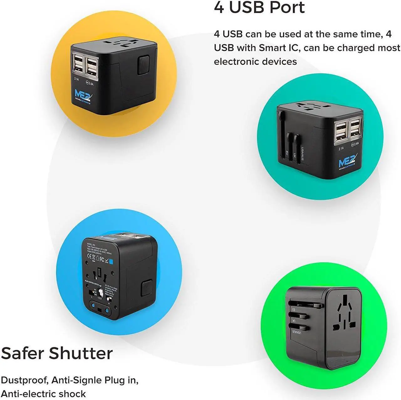 Alt view image 5 of 7 - Worldwide All in One Universal USB charger (4 USB charging ports) with Wall AC Power Plug Travel Adapter for over 150 countries including USA/EU/UK/AUS with black pouch by MichaelElectronics2 (Black)