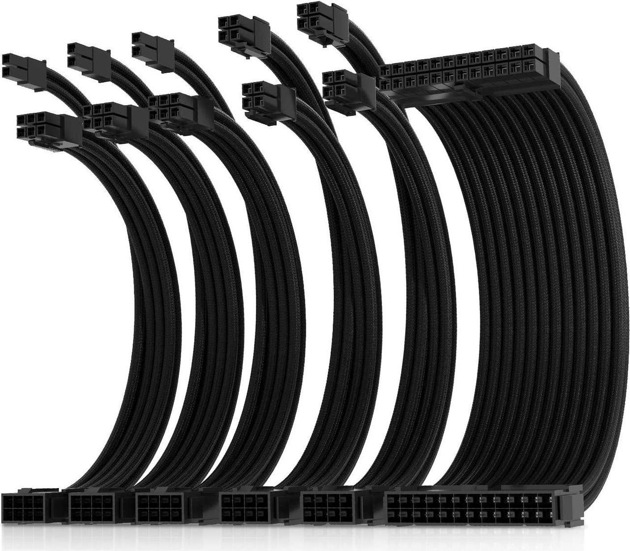 Asiahorse 16AWG Pro Power Supply Sleeved Cable for Power Supply Extension Cable Wire Kit 1x24-PIN/ 2x8-PORT (4+4) M/B,3x8-PORT (6+2) PCI-E 30cm Length with Combs(Dual EPS Black)