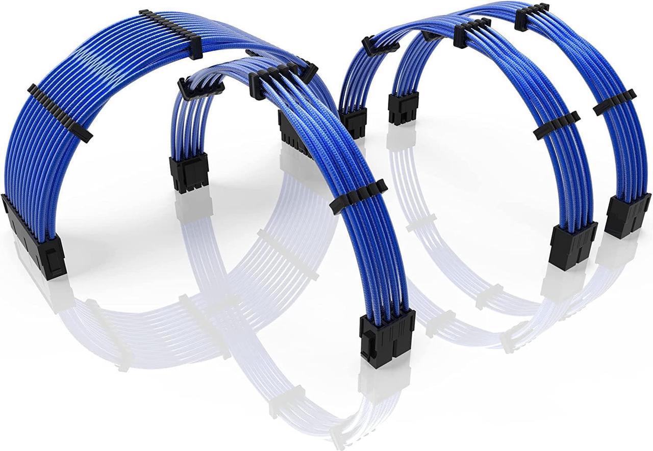 LINKUP - 30cm PSU PC Power Extension Cable Metallic Sleeved Silicone Coated Soft & Flexible to Route Custom Mod GPU & CPU w/Comb Kit1x 24P (20+4)1x 8P (4+4) CPU2X 8P (6+2) GPU300mm - Blue