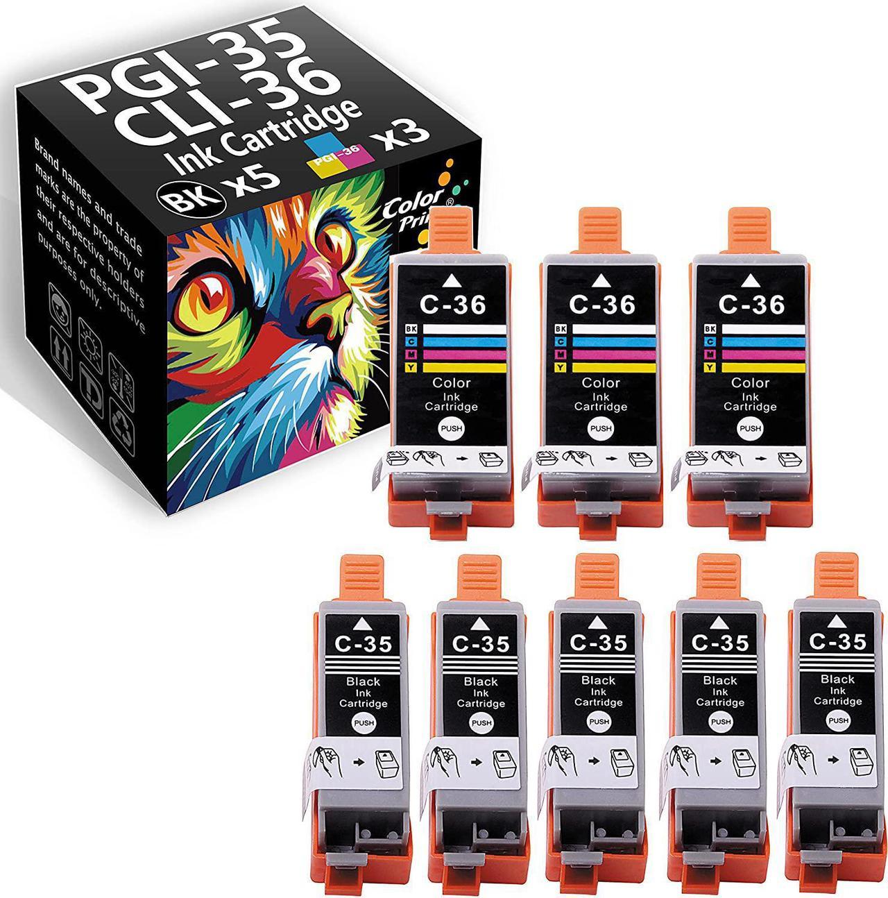 8-Pack ColorPrint Compatible PGI35 CLI36 Ink Cartridge Replacement for Canon PGI-35 CLI-36 PGI 35 CLI 36 Work with PIXMA iP100 iP110 IP100B mini320 TR150 Laser Printer (5 Black, 3 Colors)