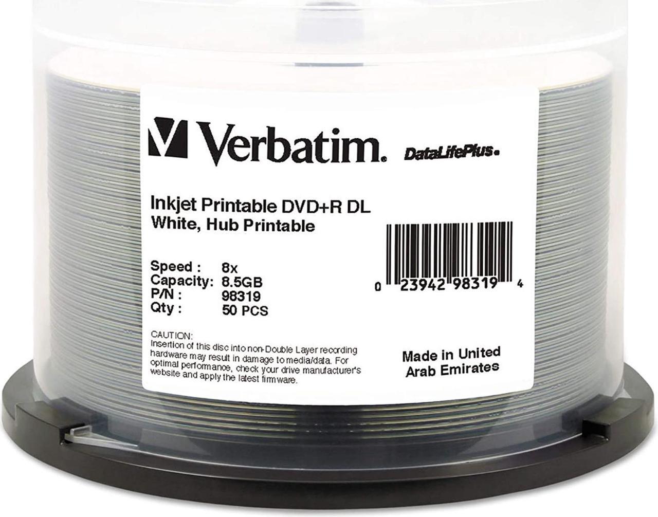 Main image of Verbatim DVD+r Dual Layer Printable Recordable Disc, 8.5 Gb, 8X, Spindle, White, 50/Pack
