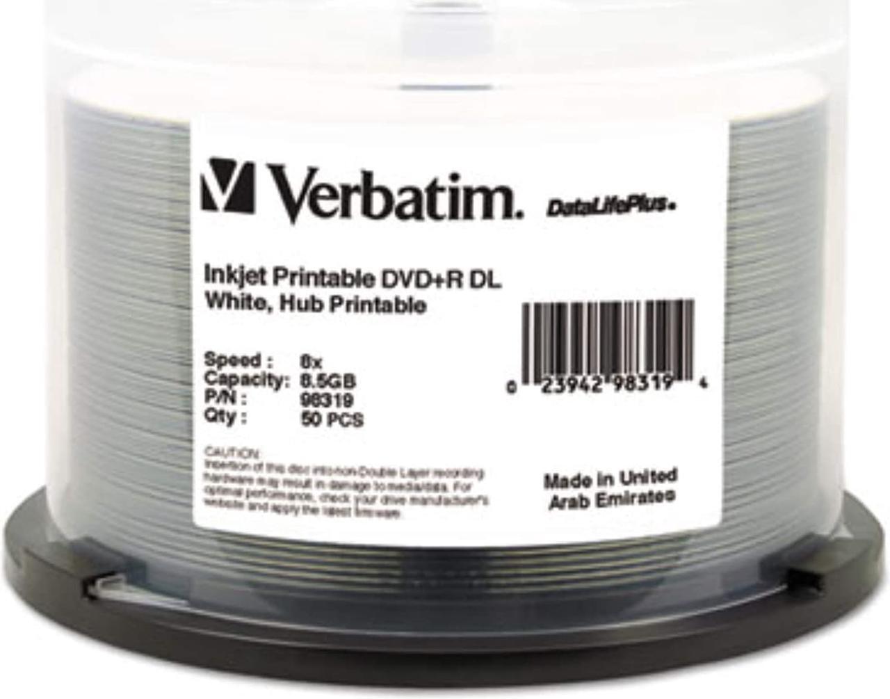 Alt view image 2 of 2 - Verbatim DVD+r Dual Layer Printable Recordable Disc, 8.5 Gb, 8X, Spindle, White, 50/Pack