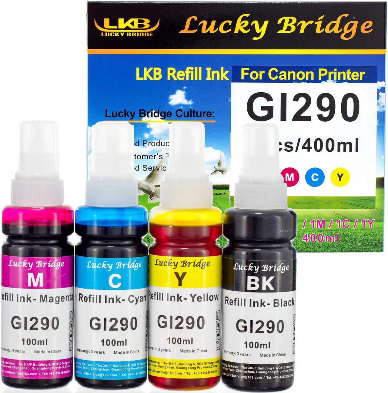 400ml Lucky Bridge GI290 Compatible Refill Ink for GI-290 GI290 Color Ink Kit for Canon PIXMA G4200 G4210 G3200 G1200 G2200 Printer 100ml for 1BK 1M 1C 1Y(4PK=400ml)-US