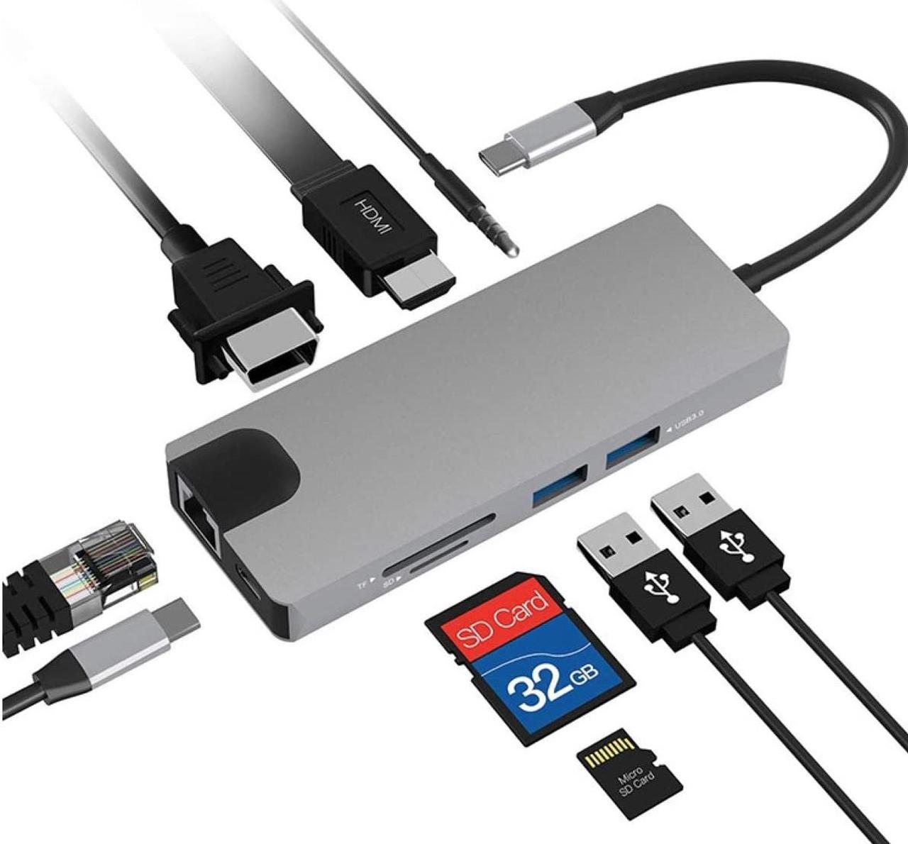 BSD Dual Monitor Docking Station, 9-in-1 USB C to HDMI VGA Hub Adpater Display for Window Laptop with Dual HDMI, VGA, 2 USB 3.0, USB-C PD and SD/TF 3.0 MicroSD Slot.