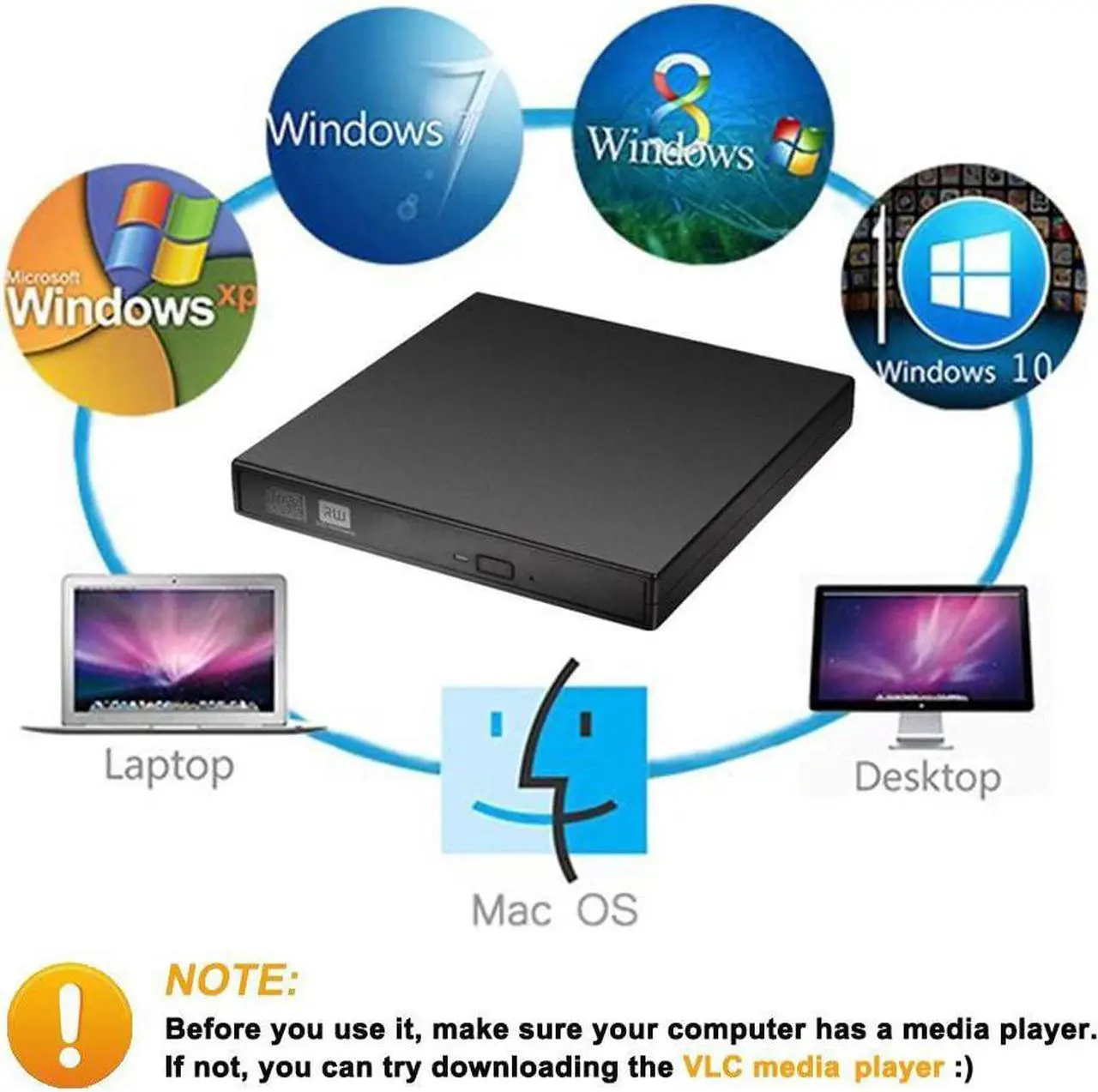 Alt view image 2 of 4 - External CD DVD Drive, USB 2.0 Slim Protable External CD-RW Drive DVD-RW Burner Writer Player for Laptop Notebook PC Desktop Computer, Black