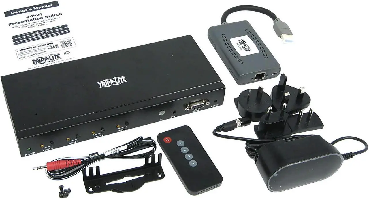 Alt view image 5 of 5 - Tripp Lite 4 Port Presentation Switch Kit, 4K 60 Hz, HDMI, DisplayPort, USB-C, & VGA to HDMI Over Cat6 Extender, 50 ft. (B320-4X1-MHB-K)