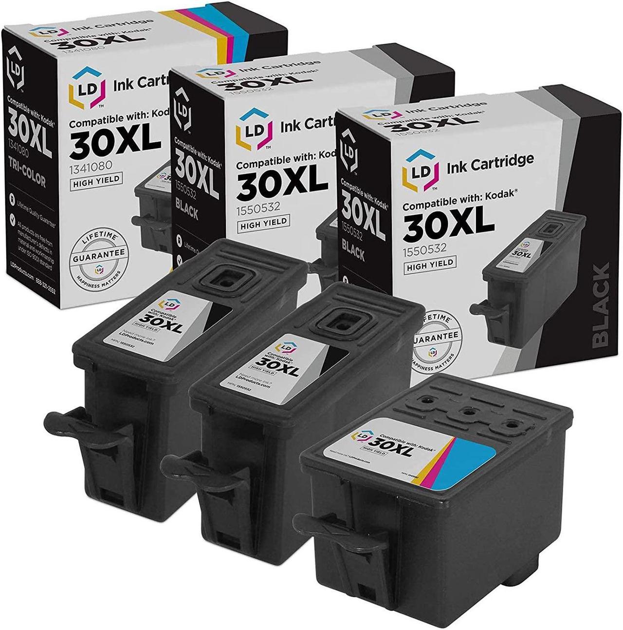 LD Compatible Kodak 30 / 30XL Set of 3 High Yield Ink Cartridges: 2 Black (1550532) & 1 Color (1341080) for use in ...