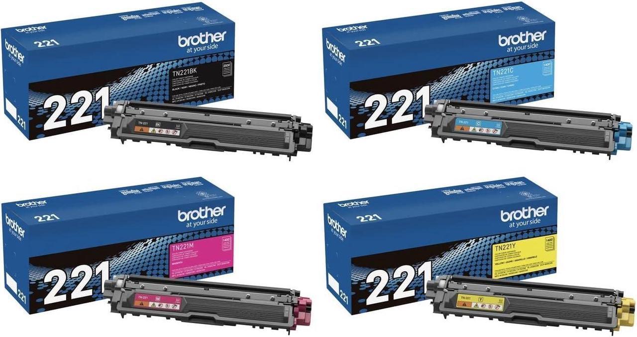 Brother Genuine TN221BK, TN221C, TN221M, TN221Y 4-Color Toner Cartridge Set, Black Cyan Magenta & Yellow, TN221