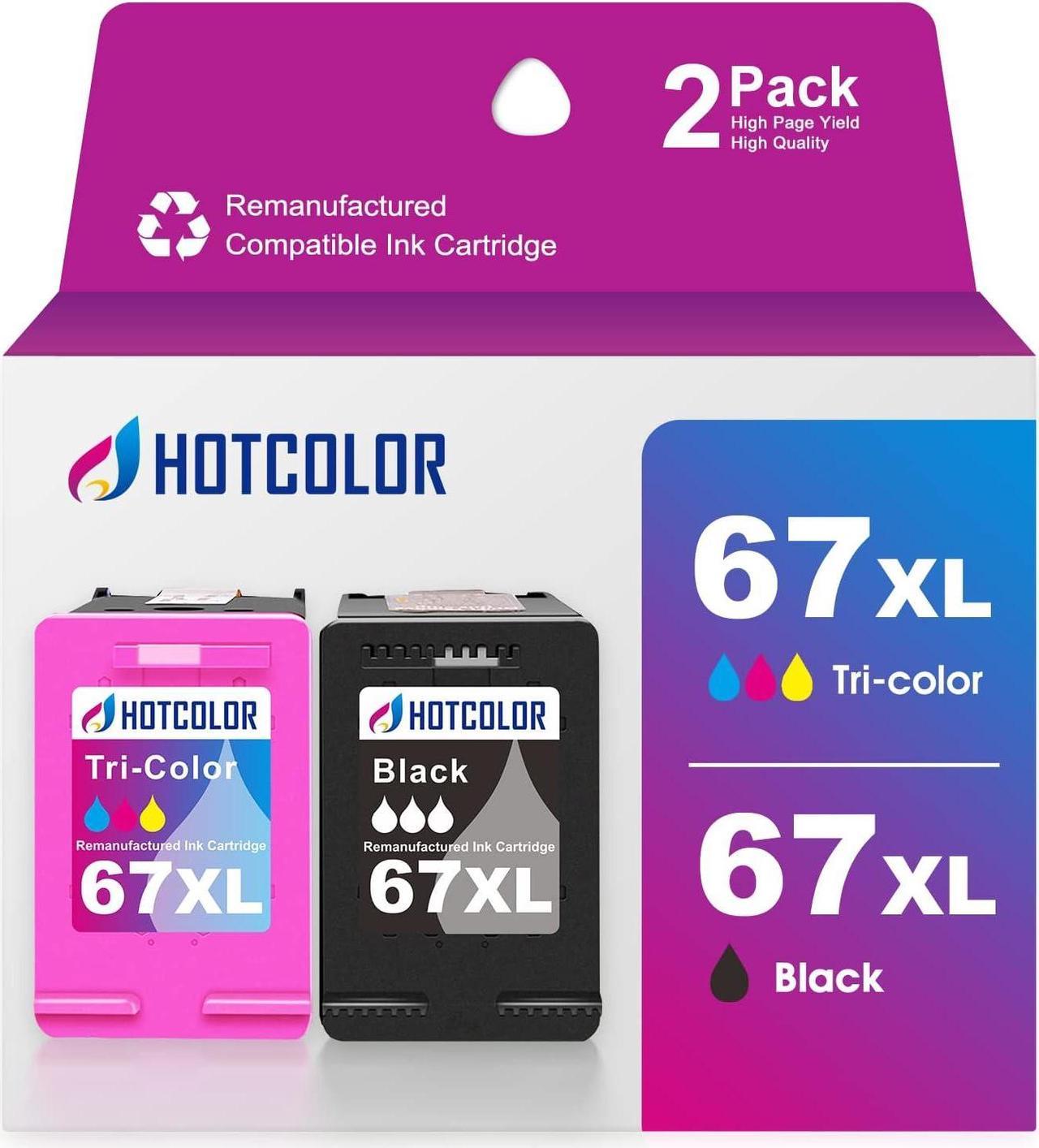 HOTCOLOR 67XL Ink Cartridges Replacement  67 Ink Cartridges HP 67XL  Deskjet 2700 2723 2742e 2755 4155e deskjet Plus 4155 4158 4152 Envy Pro 6455 6400 Envy 6000 6055 (1Black+1Color, 2PK)