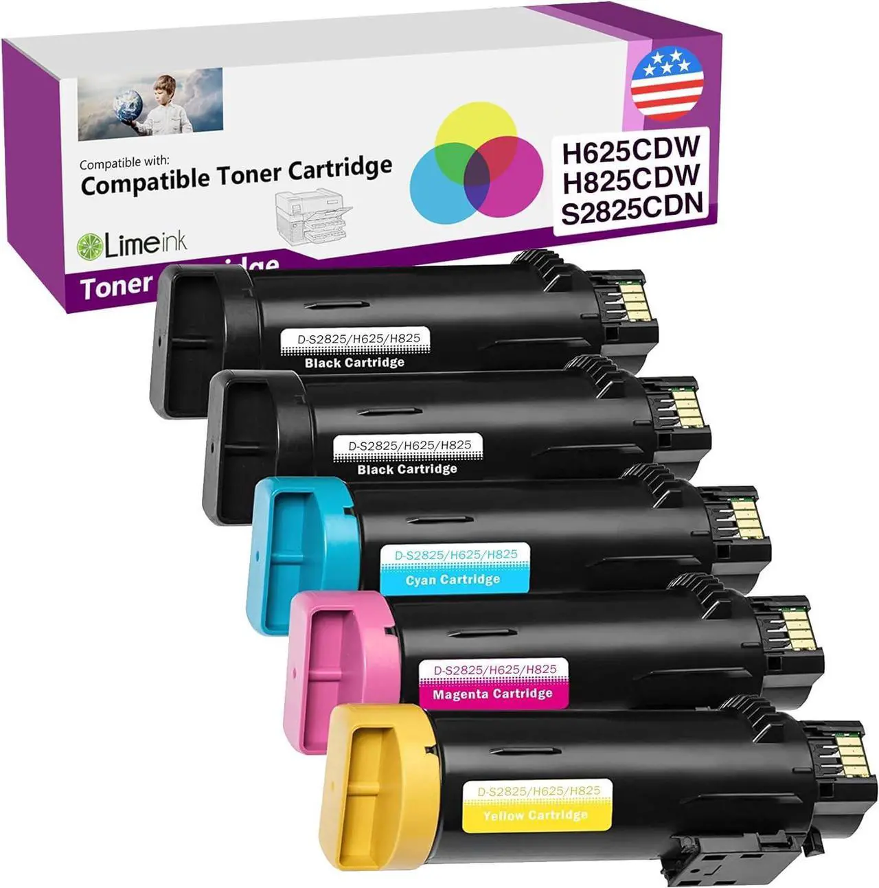 Alt view image 7 of 7 - Limeink Compatible Toner Cartridge Replacement for Dell H625cdw Toner H825cdw for Dell Toner S2825cdn High Yield Laser Toner Cartridges For H625 H825 s2825 Ink 5 Pack 2 Black 1 Cyan 1 Yellow 1 Magenta