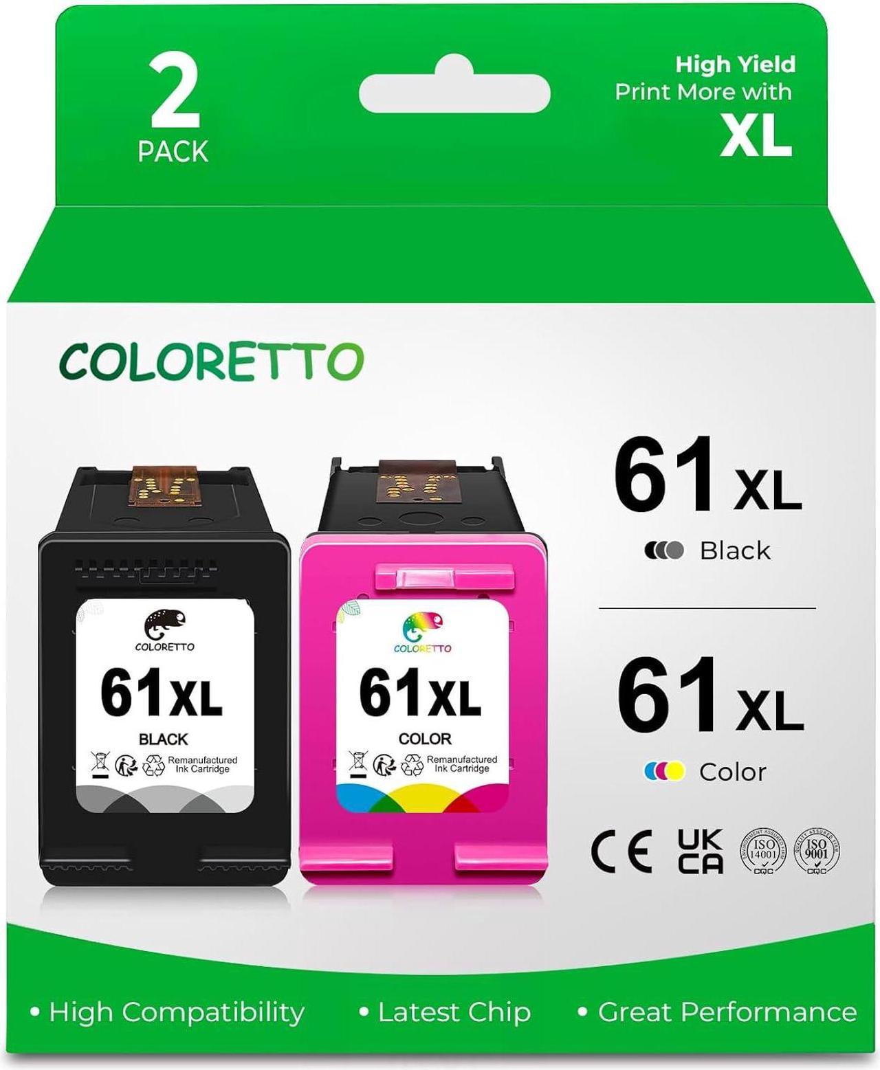 COLORETTO 61 XL 61XL Remanufactured Ink Cartridge Compatible with HP Envy 4500 4501 4502 5530 5531 Deskjet 1000 1010 1050 2512 2540 2542 Officejet 2620 2621 4630 4632 Printer 1 Black 1 Color 2-Pack