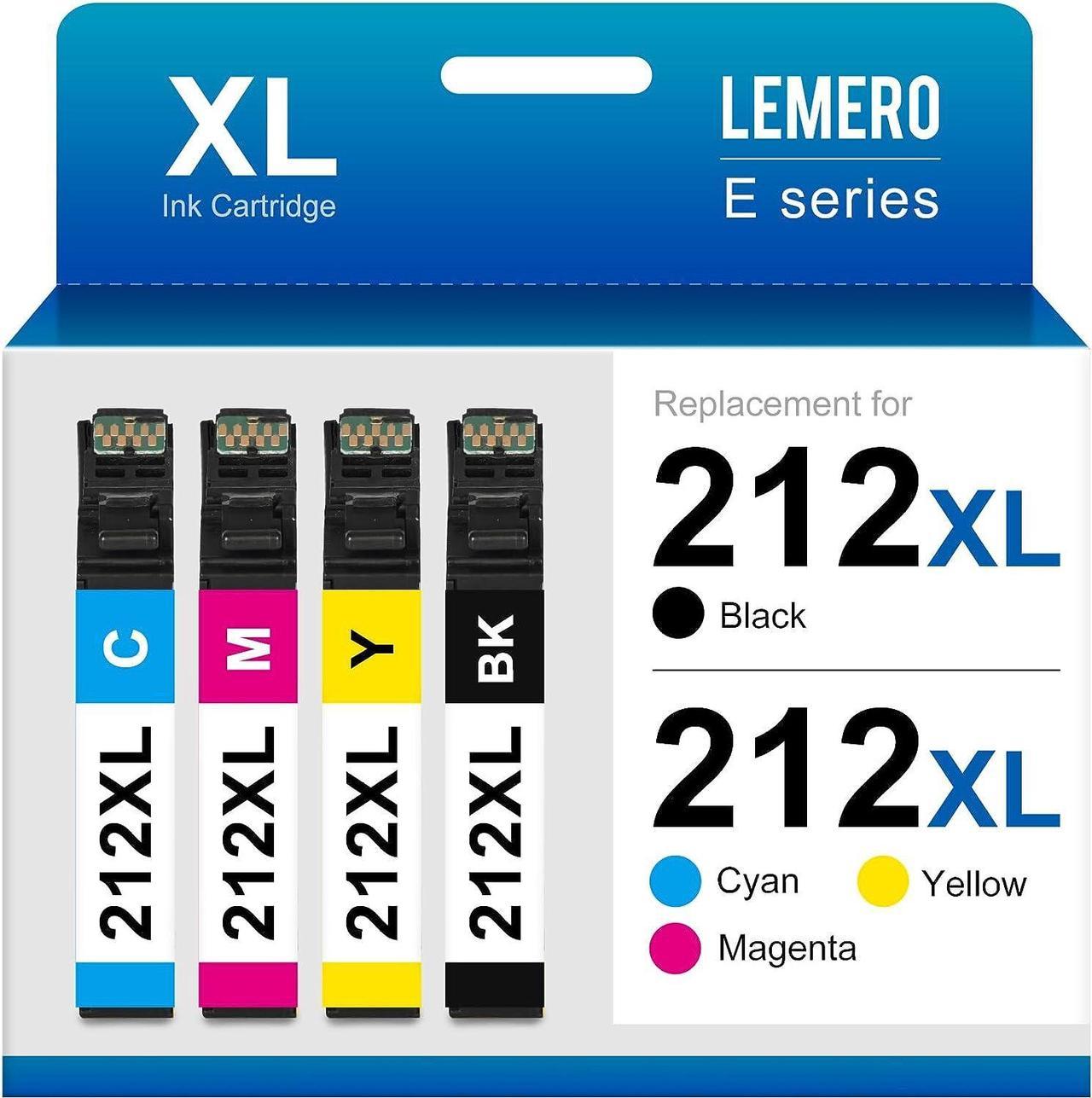 212 212XL LEMERO Remanufactured Ink Cartridge Replacement for Epson 212XL 212 XL T212 Work with Workforce WF-2850 WF-2830 Expression Home XP-4100 XP-4105 Printer (Black, Cyan, Yellow, Magenta, 4-Pack)