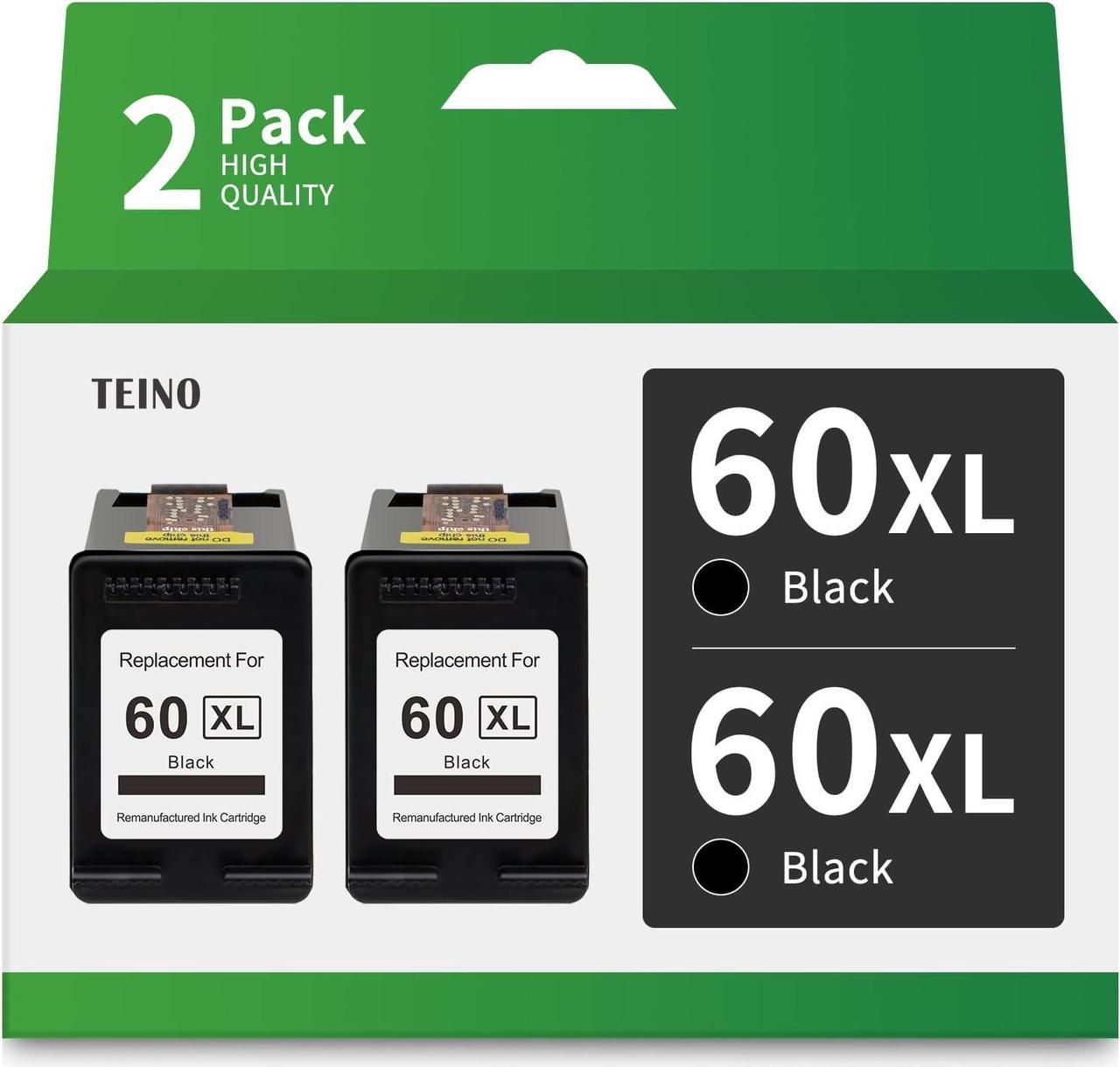 TEINO Remanufactured Ink Cartridge Replacement  60 XL 60XL for PhotoSmart C4780 C4795 C4680 C4650 D110 D110a DeskJet F4480 F4280 F4580 D2530 D2545 D2680 Envy 100 111 Printer (Black, 2 Pack)