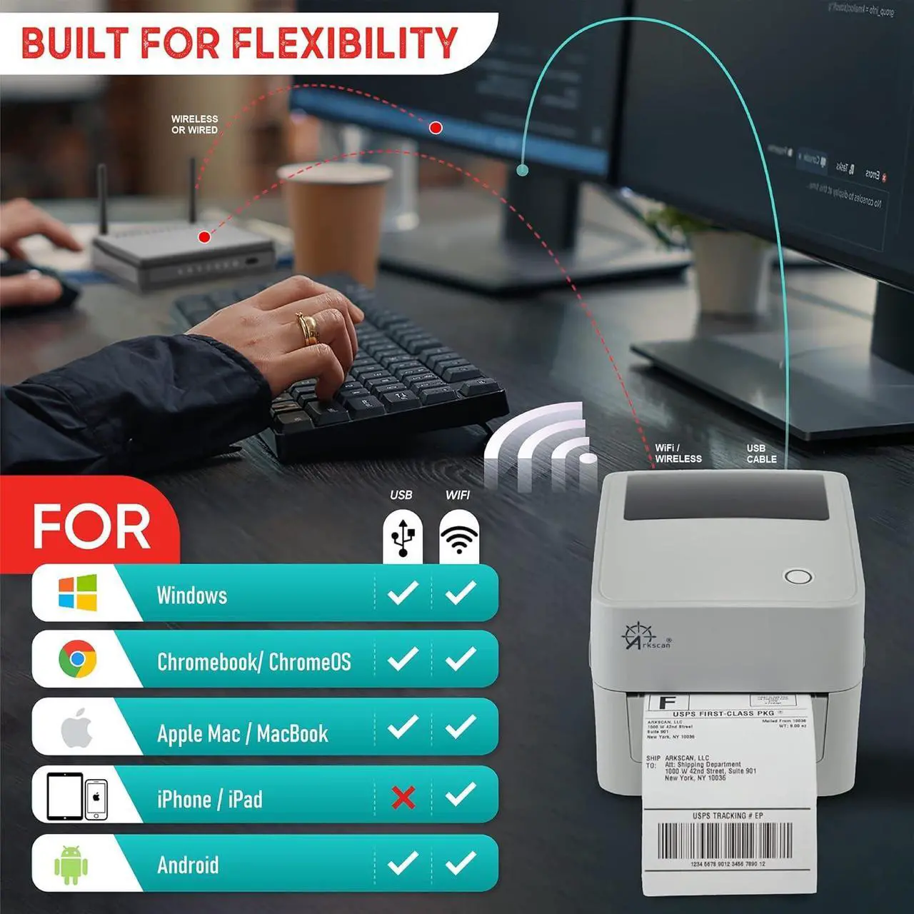 Alt view image 4 of 7 - 2054K-WF Mini WiFi Wireless Shipping Label Printer for iPhone Windows Mac Chromebook Android Support Amazon Ebay Paypal Shopify Shipstation UPS USPS FedEx Fanfold Direct Label
