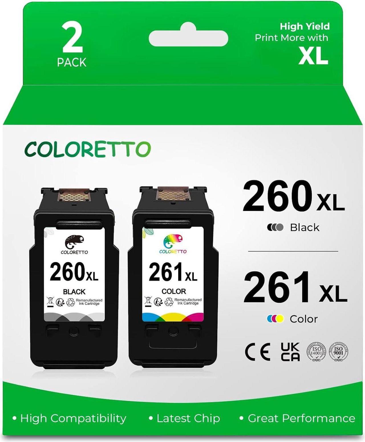 COLORETTO Remanufactured for Canon PG-260XL CL-261XL 260 261 XL (1 Black, 1 Color) Printer Ink Cartridges for PIXMA TS5320 TS6420 TR7020 All in One Wireless Printer High Yield Multipack