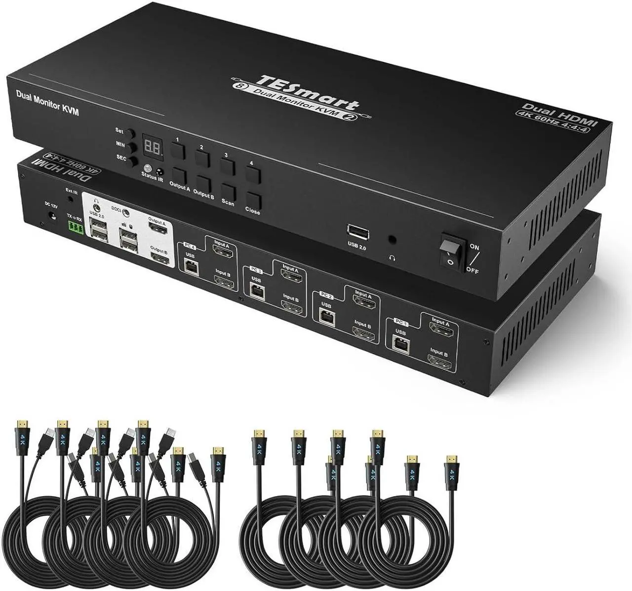Main image of KVM Switch 4 Computers 2 Monitors, 4 Port HDMI KVM Switch Dual Monitor, EDID, UHD 4K@60Hz, Support Cascading for Quad Monitor, Stereo Audio, Hotkey Switching, Monitor Switcher Box
