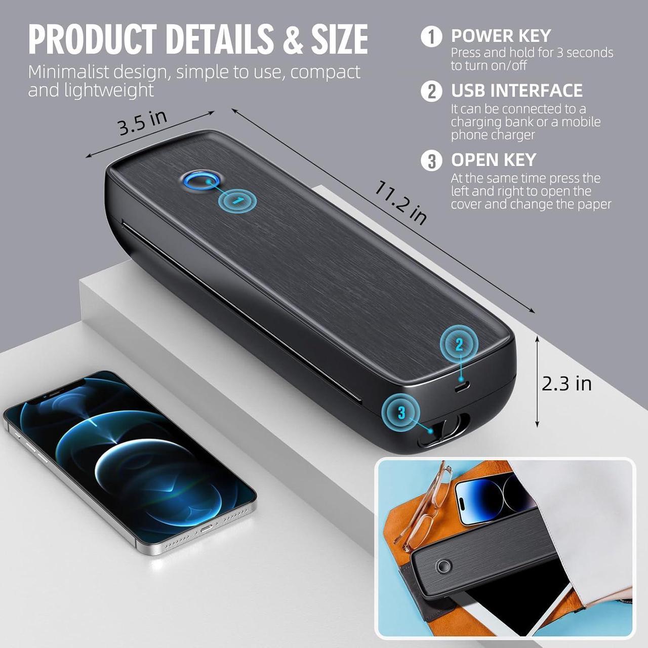 Alt view image 4 of 6 - Aixiqee Portable-Wireless-Printer, Thermal-Bluetooth-Printer for Travel, Impact POS Printer Support 8.5" X 11" US Letter&Legal, A4&A5 Thermal Paper, Compatible with Android and iOS Phone&Laptop