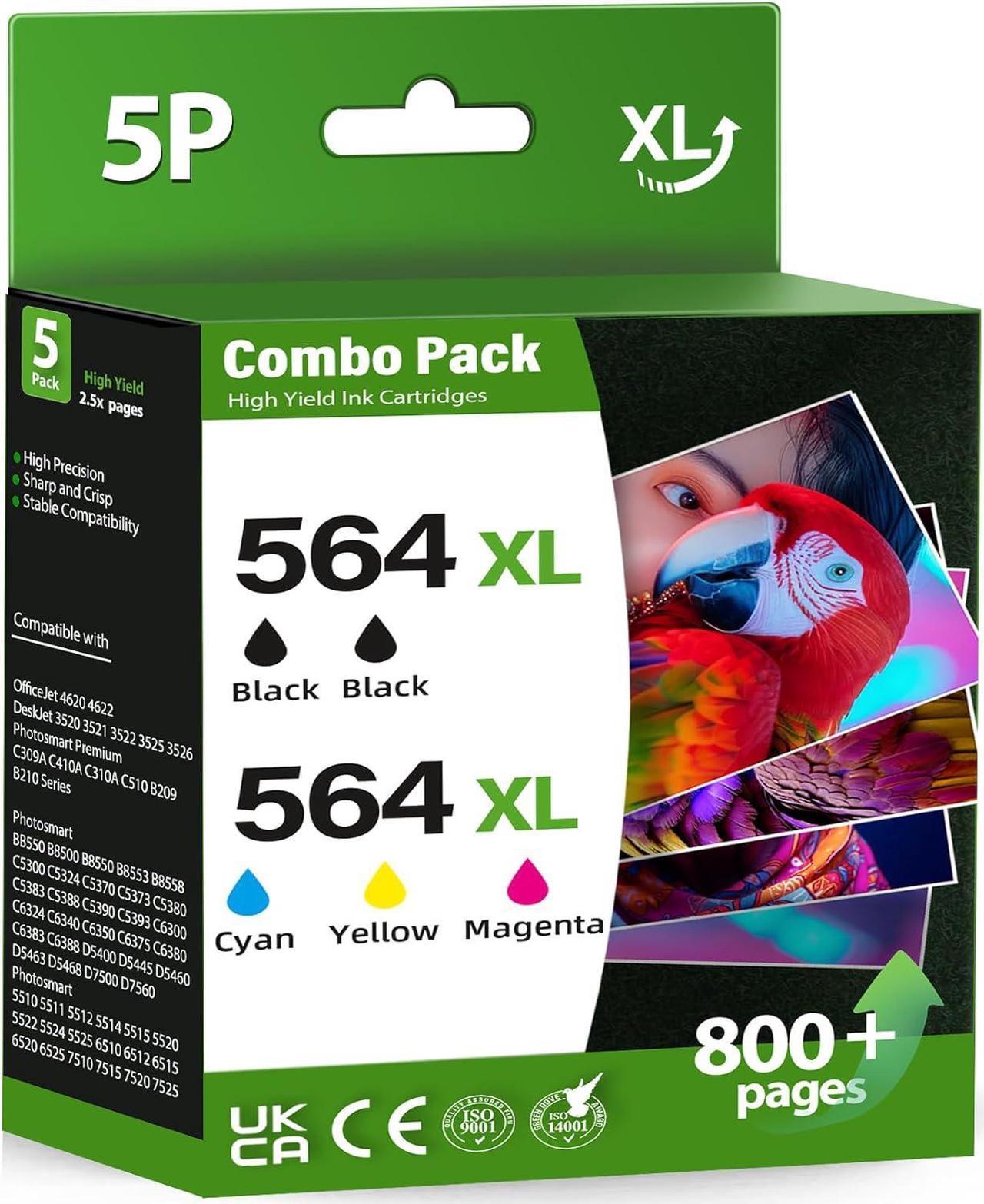 Main image of 564XL Ink Cartridges Combo Pack High Yield Replacements  564 Ink Work  DeskJet 3520 3522 Photosmart 5520 6510 7520 7525, Officejet 4620 Printer (5 Pack,2Black/1Cyan/1Magenta/1Yellow)
