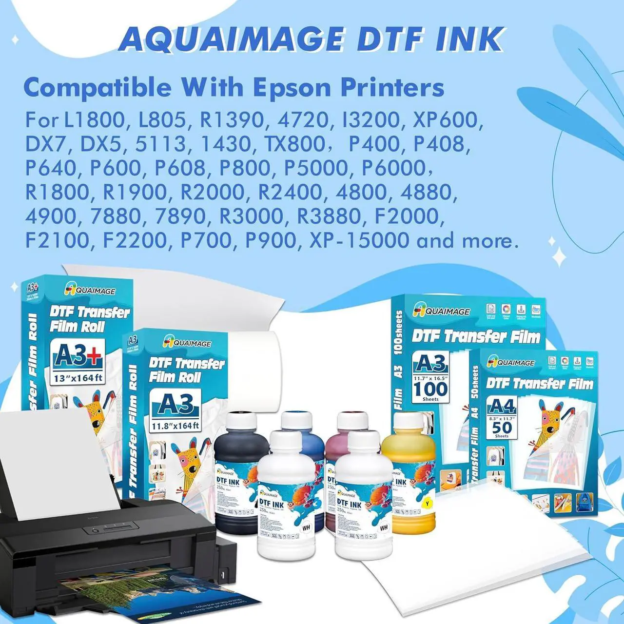 Alt view image 3 of 7 - Premium DTF Ink 1500 ml, DTF Transfer Ink for PET Film, Refill Ink for Epson printheads ET-8550, XP-15000, XP600, I3200, L1800, Direct to Film Heat Transfer Printing, 250ml x 6 (2W+BKCMY)