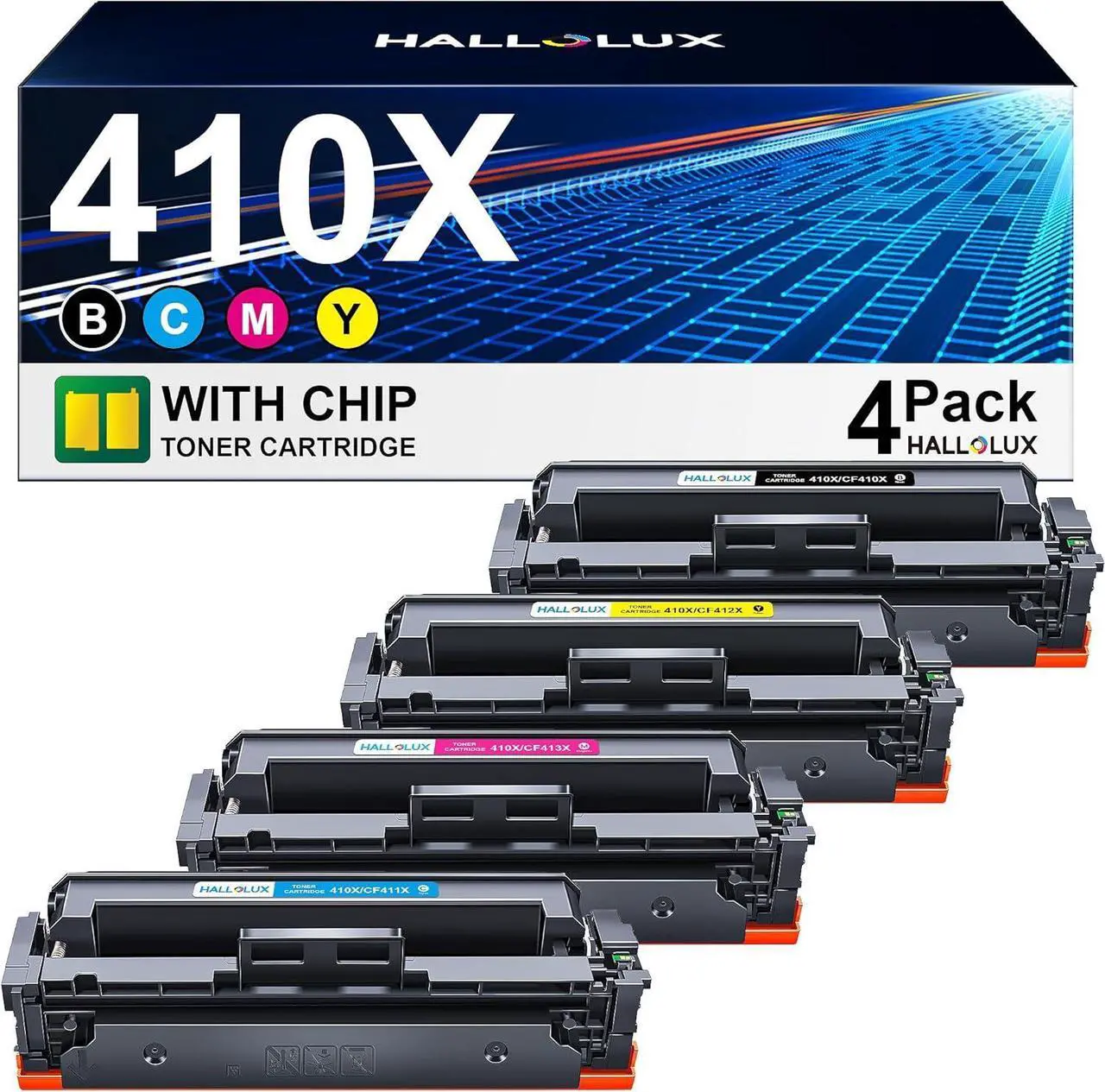 Main image of HALLOLUX 410X Toner Cartridges 4 Pack (with Chip) Replacement  410X 410A Compatible with HP MFP M477fdw M477fdn M477fnw M452dn M452dw M452nw M377dw Printer Toner (4 Pack)