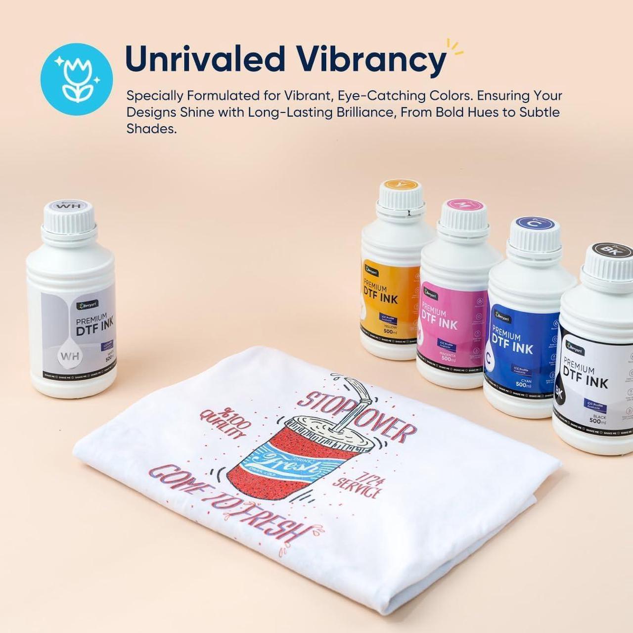 Alt view image 2 of 6 - Premium DTF Ink 500ml x 6, DTF Transfer Ink Conversion Kit, Refill for DTF Printers Epson ET-8550, XP-15000, L1800, L805, R1390, R2400, DX7, Heat Transfer Printing Direct to Film(CMYK + 2Wh)
