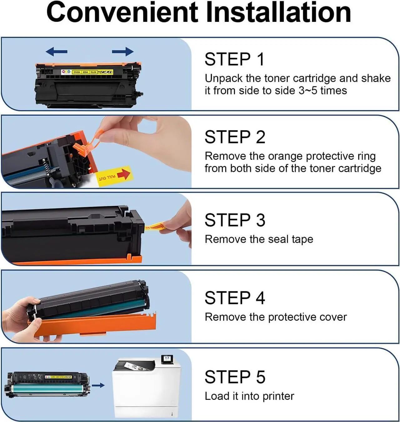 Alt view image 5 of 7 - 655A Toner Cartridge 4 Pack(with Chip) Compatible with HP 655A for Color Enterprise M652n M652dn M653dn M653x M653dh MFP M681dh M681f M682z(Black Cyan Yellow Magenta)