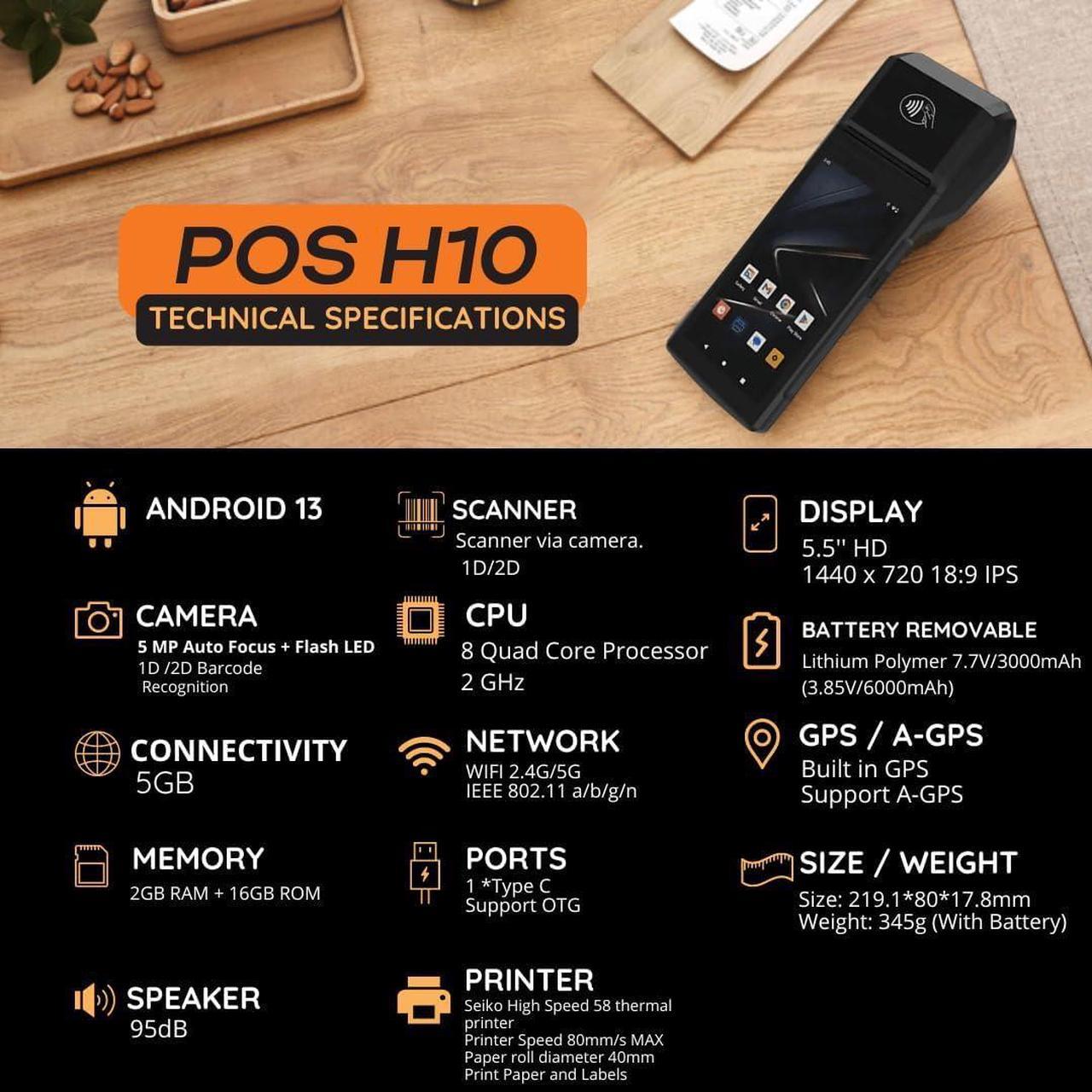 Alt view image 2 of 7 - POS PDA H10 Receipt Printer Android 13 and 58mm High Speed Thermal Printer 5.5 Touch Screen. Handheld Mobil Point of Sale Tablet. Scan 1D/2D/QR barcodes and NFC. 2GB Ram+16GB ROM