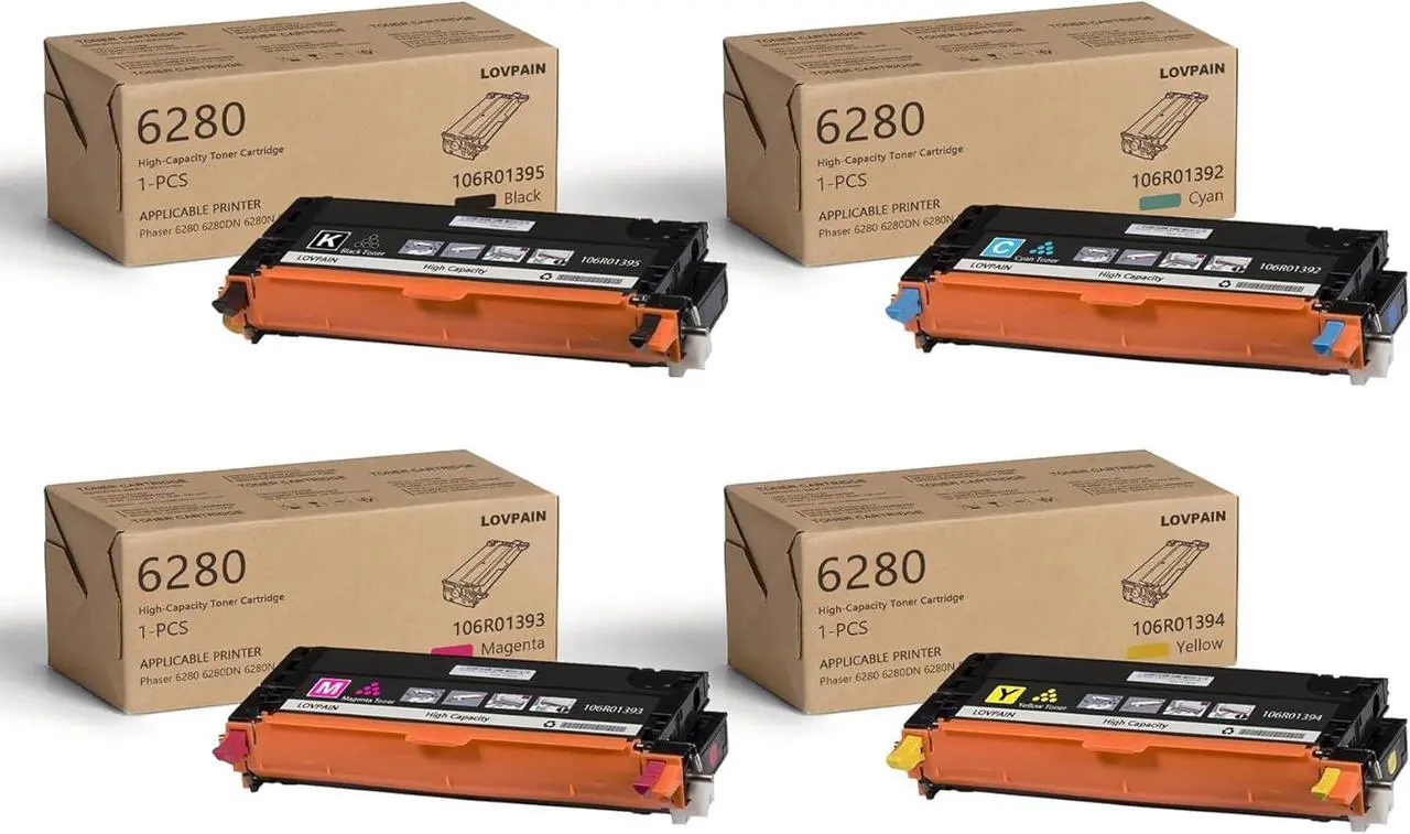 Main image of 6280 High Capacity Toner Cartridges (4Pack, Black/Cyan/Magenta/Yellow) - Lovn Compatible 106R01395, 106R01392, 106R01393, 106R01394 Toner Cartridge Replacement for Xerox Phaser 6280 6280DN Printer
