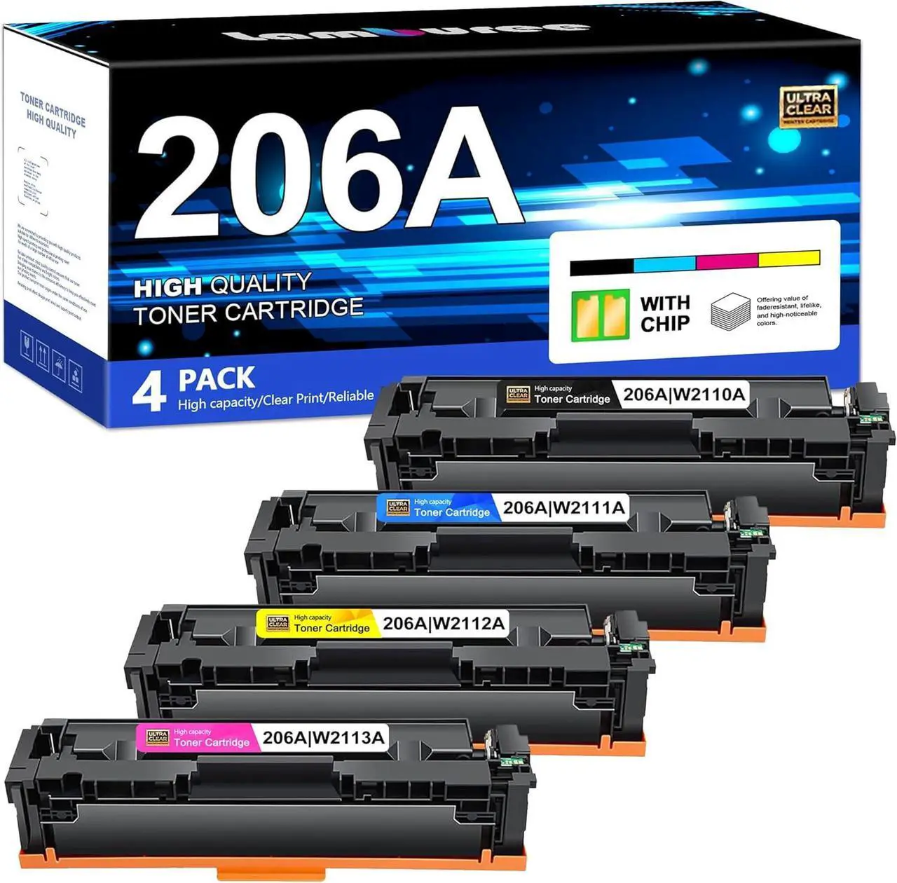 Main image of 206A Toner Cartridge 4 Pack 206X, Replacement  206A 206X W2110A W2110X Works with Color Laserj Pro MFP M283, M283fdw, M283cdw; M255, M255dw Printer Ink(Black, Cyan, Magenta, Yellow)