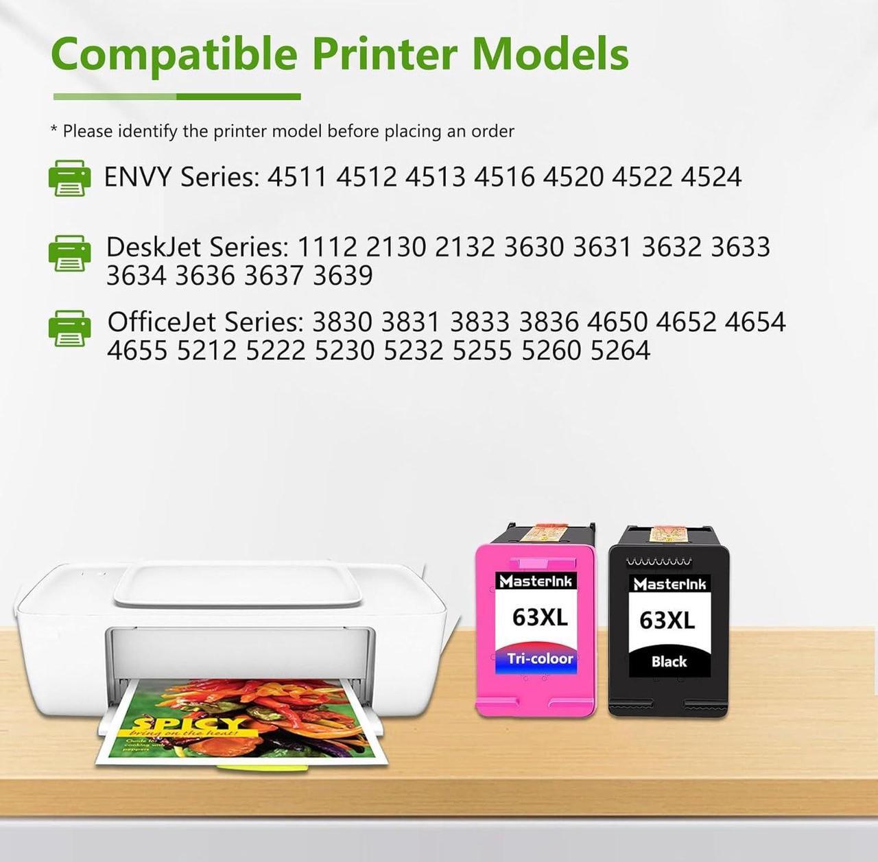Alt view image 2 of 6 - 63XL Ink Cartridge Combo Pack Compatible  63XL 63 Ink Cartridges Replacement  63XL Ink OfficeJet 3830 4650 4655 Envy 1112 2130 2132 3631 4520 Printer (2 Pack 1Black 1Tri-Color)