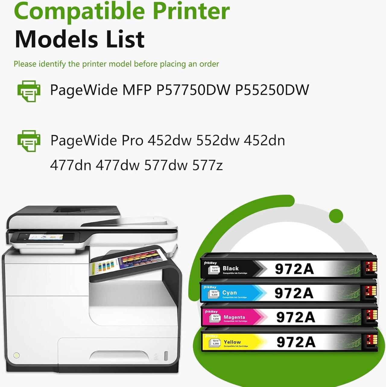 Alt view image 2 of 6 - 972A Ink Cartridges 4-Color Set (Black/Cyan/Magenta/Yellow) Compatible 972 972A Ink Cartridge Replacement  972A Pagewide MFP P57750DW Pro 452dn 452dw 552dw 477dw 577dw Printer