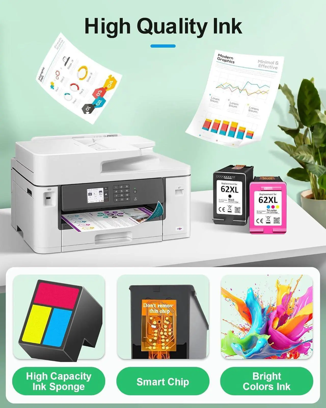 Alt view image 4 of 7 - Printer Ink 62 XL for HP Ink 62XL Combo Pack High Yield for HP 62 XL for Envy 7640 5660 5540 7645 for OfficeJet 5740 8040 for OfficeJet Mobile 200 250 Printer(1 Black 1 Color)
