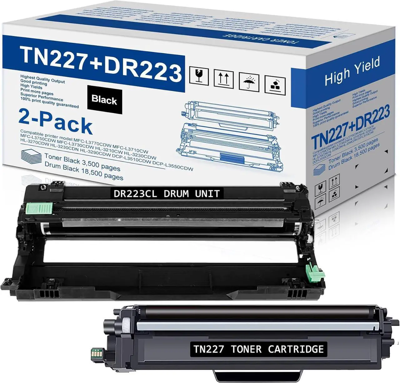 Main image of 2 Black TN227 High Yield Toner Cartridge DR223CL Drum Unit Replacement for Brother TN-227 TN227BK DR223CLBK DR-223CL for MFC-L3710CW MFC-L3770CDW MFC-L3750CDW HL-3230CDW Printer (1Toner+1Drum)