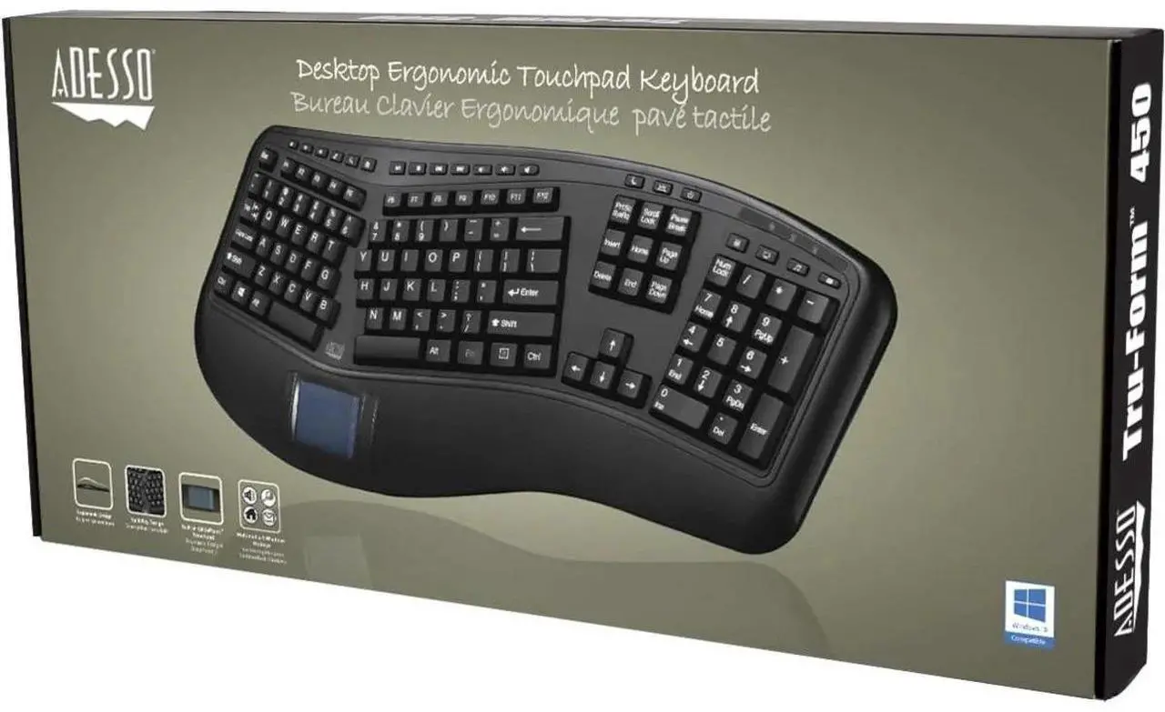 Alt view image 6 of 6 - Adesso Tru-Form Ergonomic Touchpad Keyboard - Cable Connectivity - USB Interface - 104 Key(s) - 20 Hot Key(s) - Play/Pau