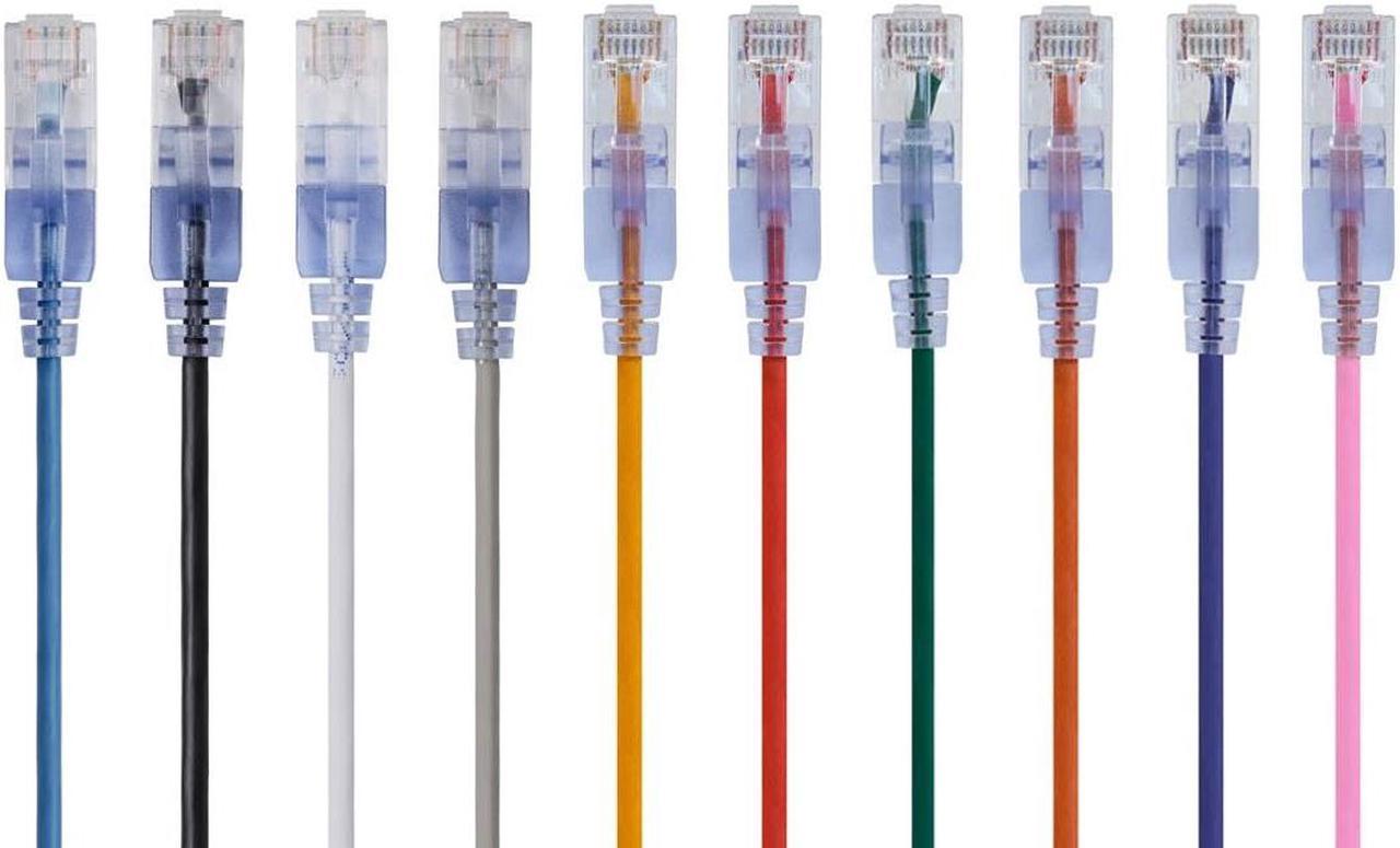 Monoprice SlimRun Cat6A Ethernet Patch Cable - Network Internet Cord - RJ45, Stranded, UTP, Pure Bare Copper Wire, 30AWG, 7ft, 10-Color, 10-Pack