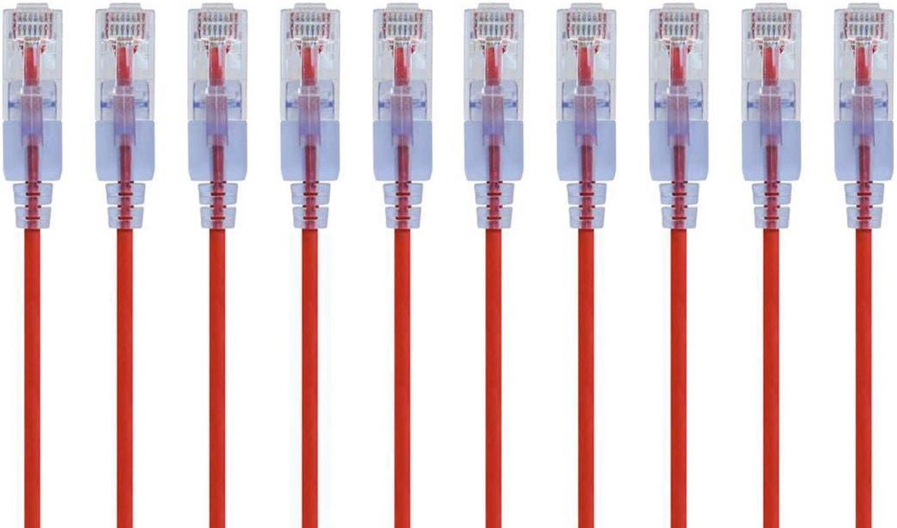 Monoprice SlimRun Cat6A Ethernet Patch Cable - Network Internet Cord - RJ45, Stranded, UTP, Pure Bare Copper Wire, 30AWG, 6in, Red, 10-Pack