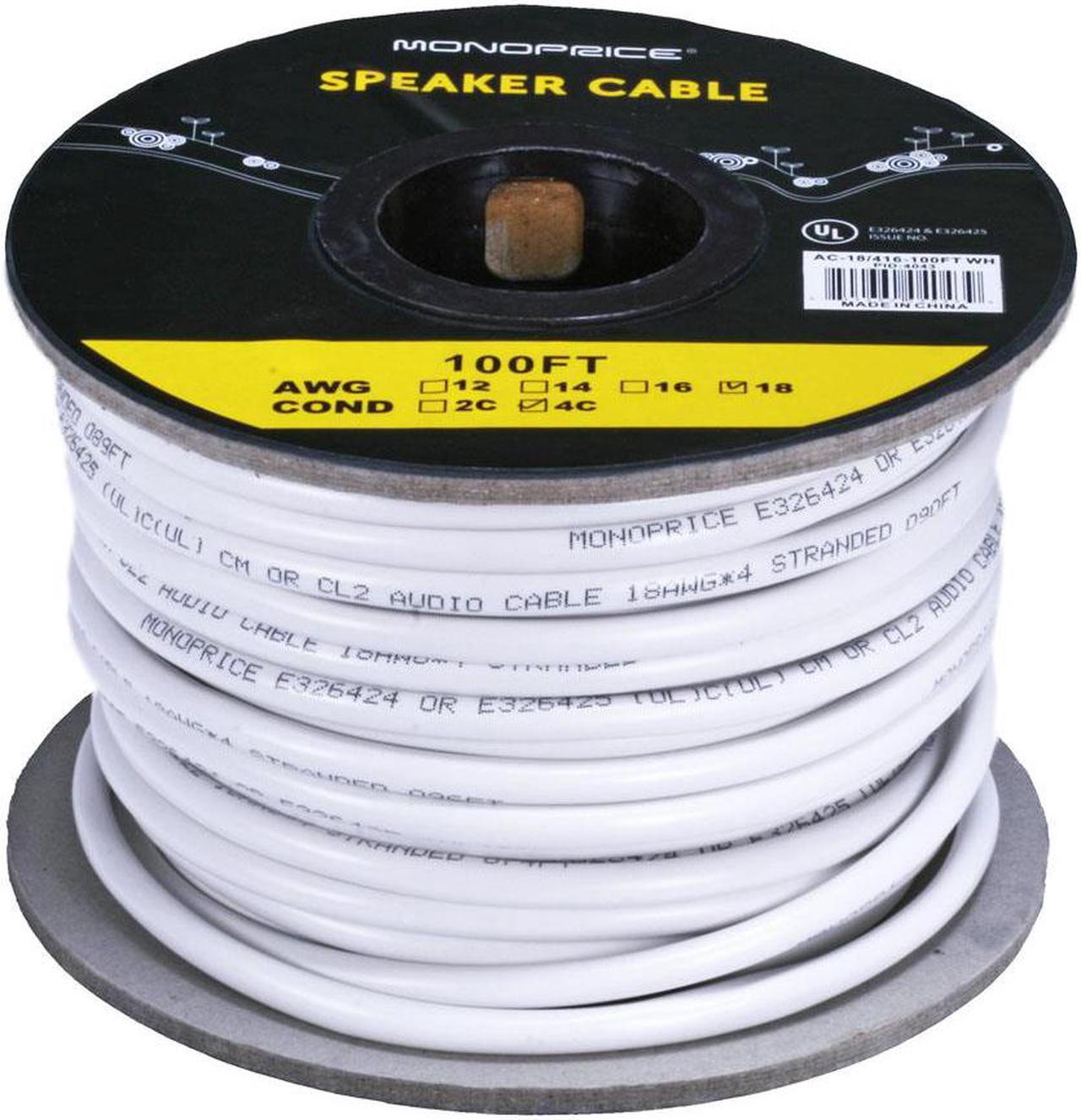 Monoprice Access Series 18 Gauge AWG CL2 Rated 4 Conductor Speaker Wire / Cable - 100ft Fire Safety In Wall Rated, Jacketed In White PVC Material 99.9% Oxygen-Free Pure Bare Copper