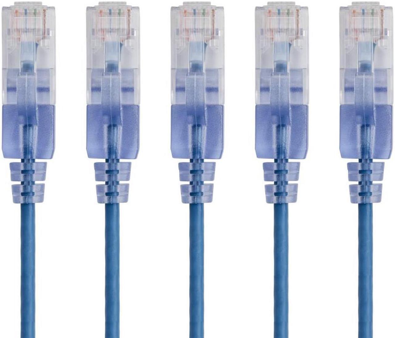 Monoprice SlimRun Cat6A Ethernet Patch Cable - Network Internet Cord - RJ45, 550Mhz, UTP, Pure Bare Copper Wire, 10G, 30AWG, 1ft, Blue, 5-Pack