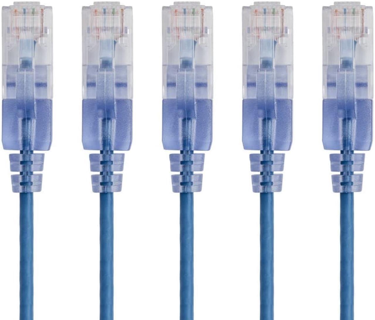 Monoprice SlimRun Cat6A Ethernet Patch Cable - Network Internet Cord - RJ45, 550Mhz, UTP, Pure Bare Copper Wire, 10G, 30AWG, 14ft, Blue, 5-Pack