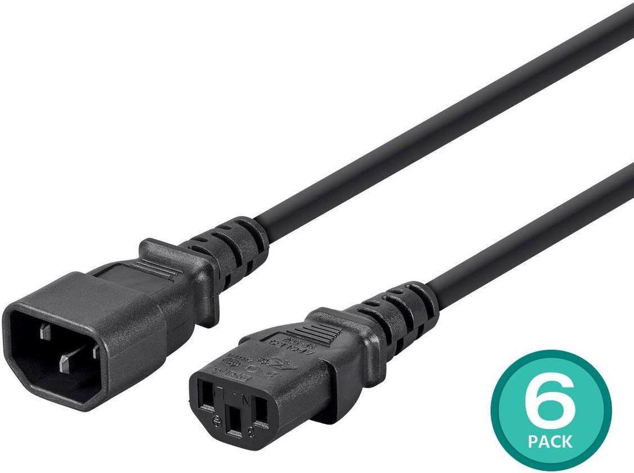 Monoprice Extension Cord - 3 Feet - Black (6 Pack) IEC 60320 C14 to IEC 60320 C13, 16AWG, 13A, SJT, For Powering Computers, Monitors