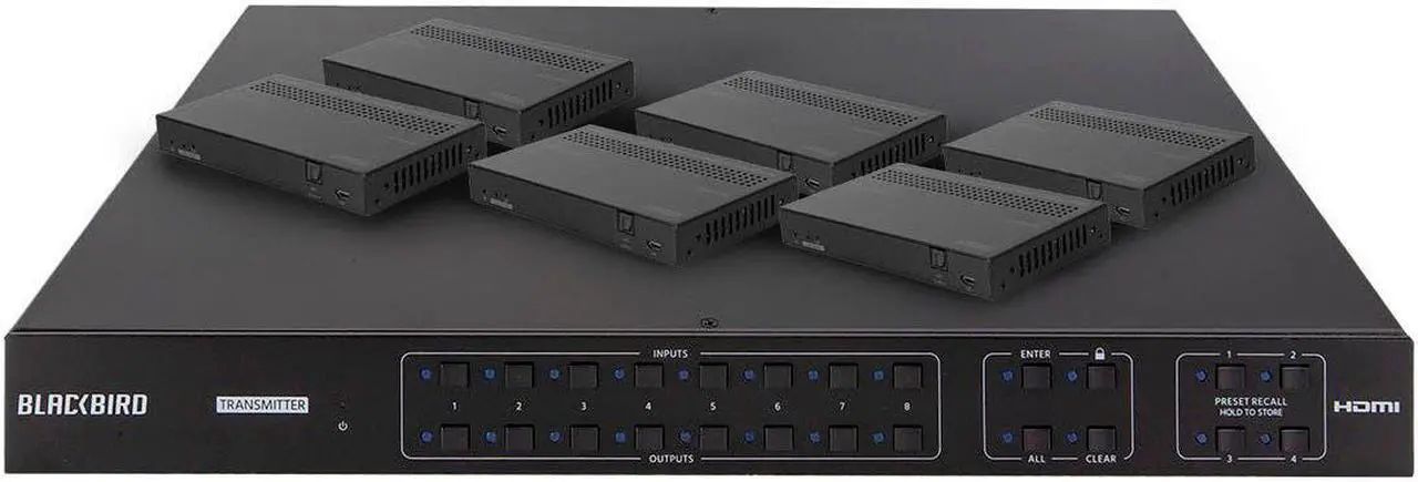 Main image of Monoprice Blackbird 4K HDMI Matrix, 8x8, HDBaseT, HDR, 18G, 4K@60Hz, YCbCr 4:4:4, HDCP 2.2, EDID, IR,  SPDIF, RCA, TCP/IP, RS-232, W/ 7 Receivers 70m