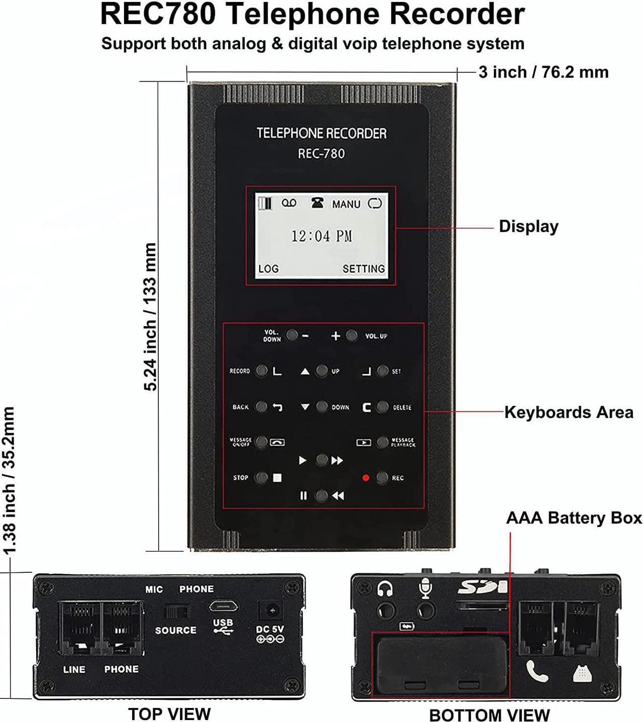 Alt view image 2 of 7 - 32GB Telephone Recorder, Landline Phone Call Recorder for Analog/Digital Telephone Lines System, Automatic Telephone Recording Device, Auto Answering Machine